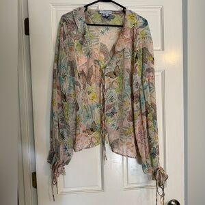 Never Fully Dressed Multicolor Tie Sheer Butterfly Floral Blouse Top